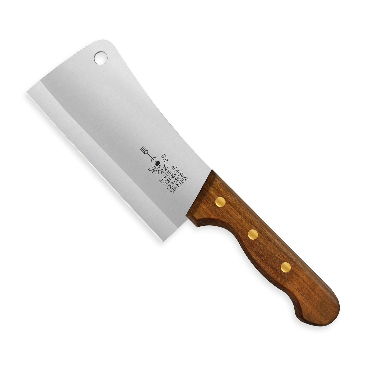 Hackmesser bzw. Knochenspaltmesser zerteilt frisches Fleisch auf robustem Holzbrett