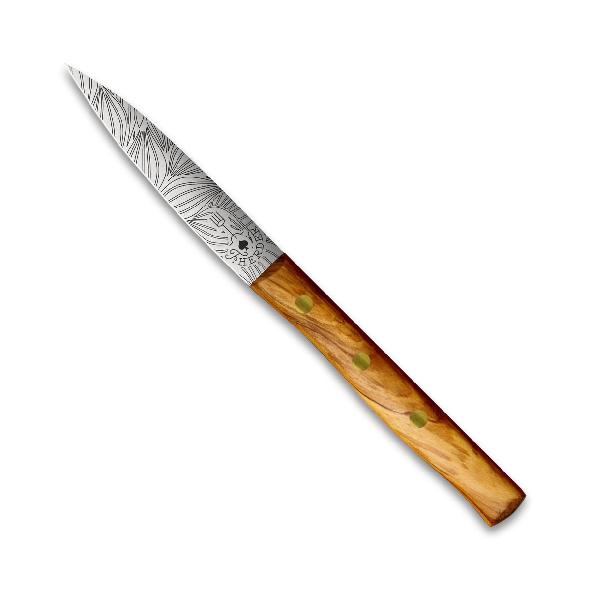 Zöppken Style Mittelspitz Rostfrei, Olivenholzgriff, Blattgravur, 9 cm Klinge