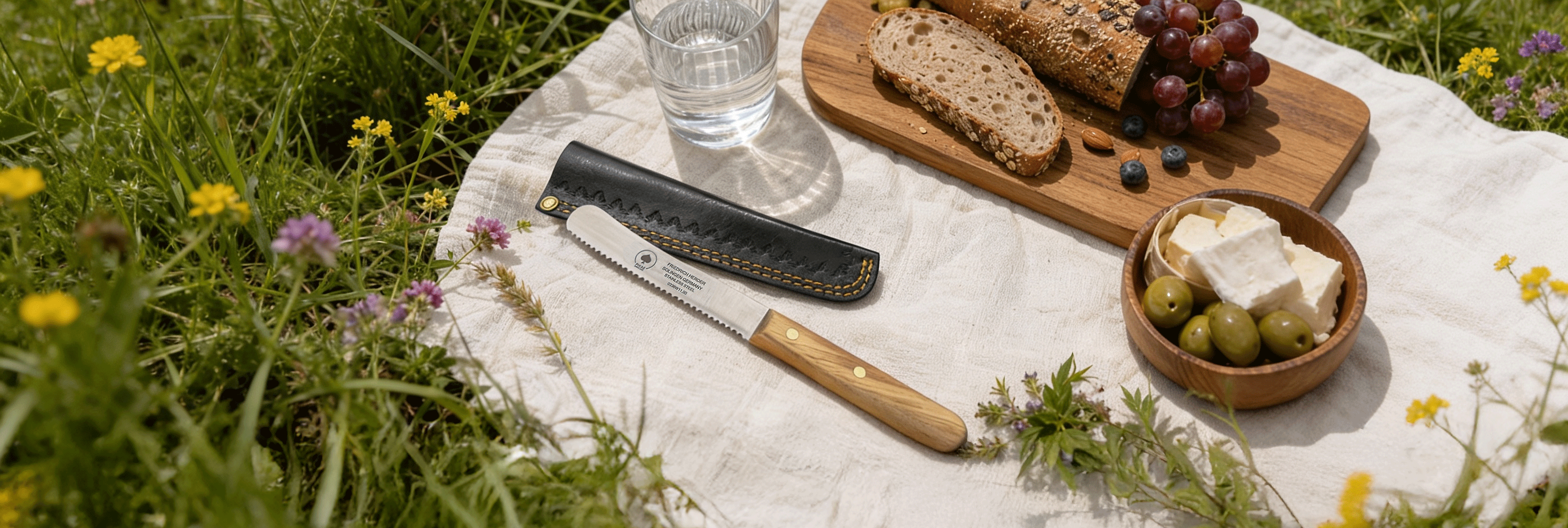 Buckelsmesser mit Holzgriff und schwarzer Lederscheide auf einer Picknickdecke mit Brot, Trauben, Käse und Oliven in sommerlicher Wiese.