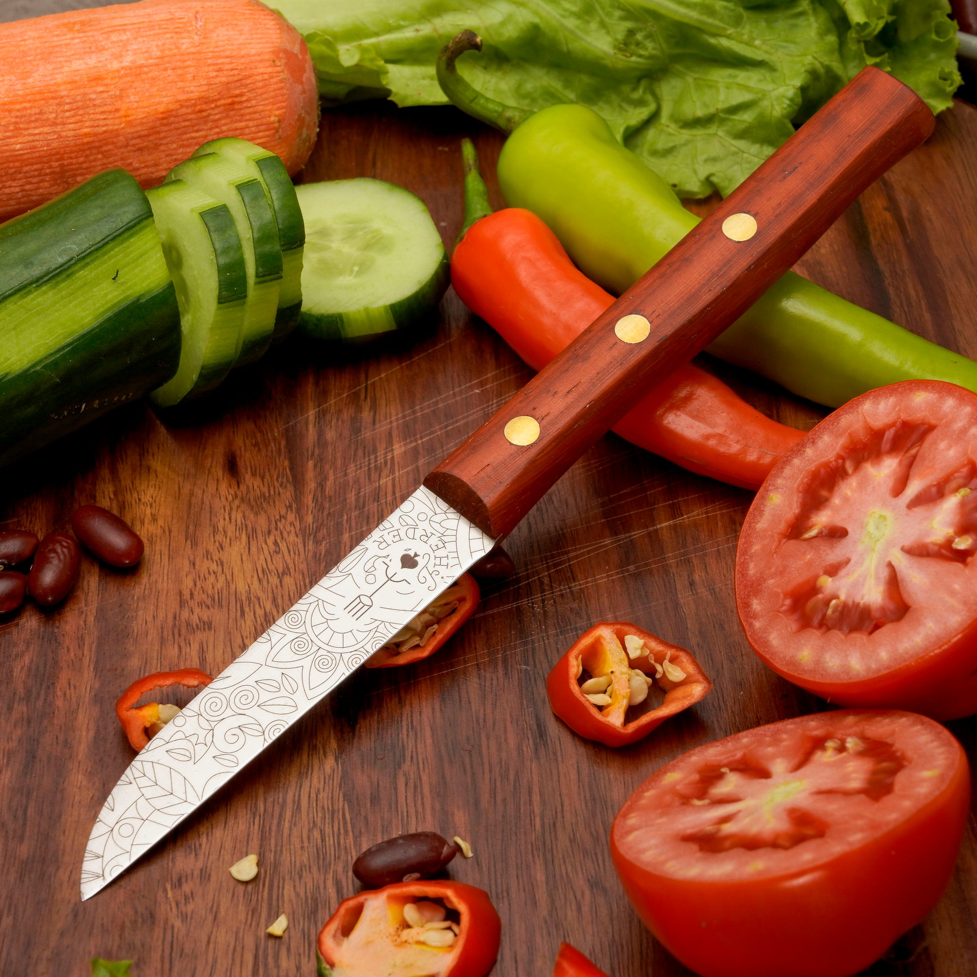Frühstücksmesser Buckelsmesser aus Solingen mit Padouk Holzgriff und Mosaik – traditionelles Solingen Messer für Brot und Frühstück
