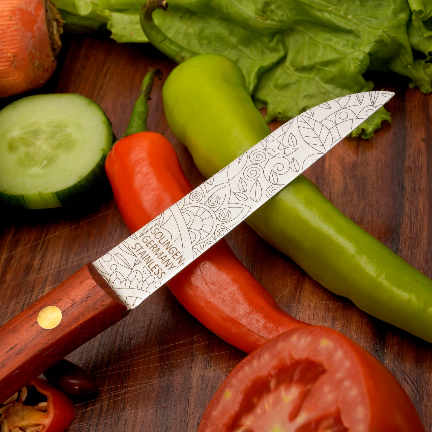 Frühstücksmesser Buckelsmesser aus Solingen mit Padouk Holzgriff und Mosaik – traditionelles Solingen Messer für Brot und Frühstück
