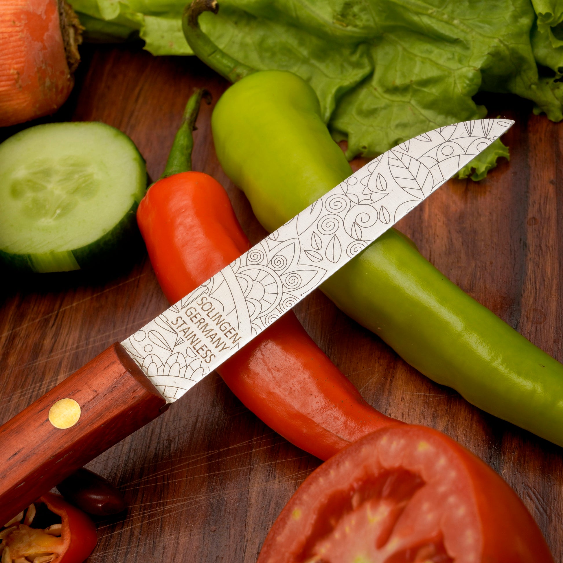 Frühstücksmesser Buckelsmesser aus Solingen mit Padouk Holzgriff und Mosaik – traditionelles Solingen Messer für Brot und Frühstück
