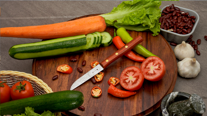 Frühstücksmesser Buckelsmesser aus Solingen mit Padouk Holzgriff und Mosaik – traditionelles Solingen Messer für Brot und Frühstück
