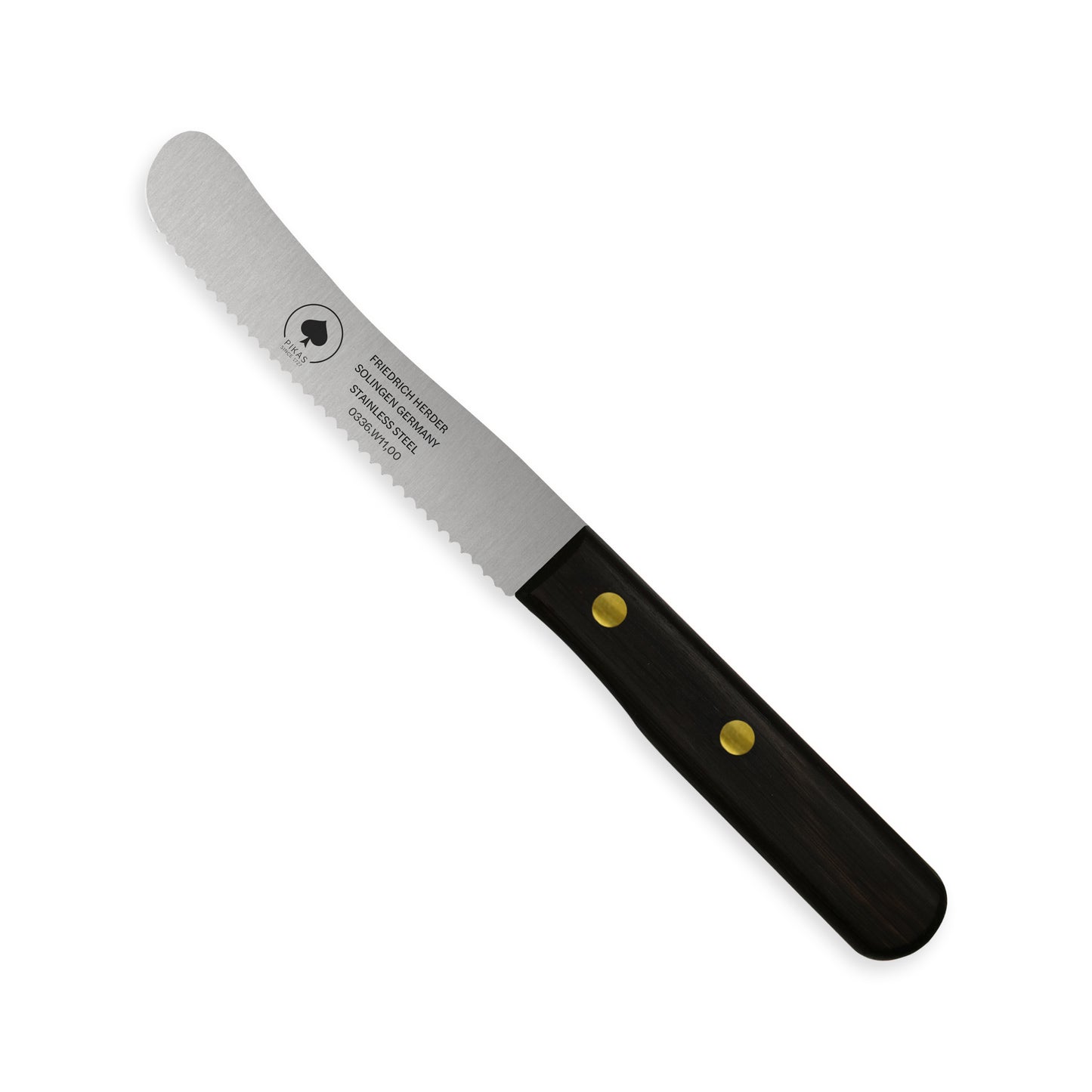 Frühstücksmesser Buckelsmesser aus Solingen mit Räuchereiche Holzgriff und Wellenschliff_b – traditionelles Solingen Messer für Brot und Frühstück
