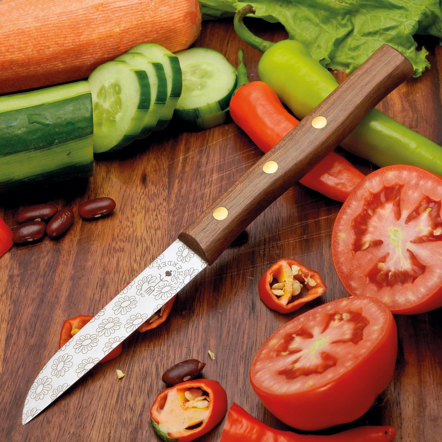 Frühstücksmesser Buckelsmesser aus Solingen mit Walnuss Holzgriff und Gravur BLUMEN – traditionelles Solingen Messer für Brot und Frühstück
