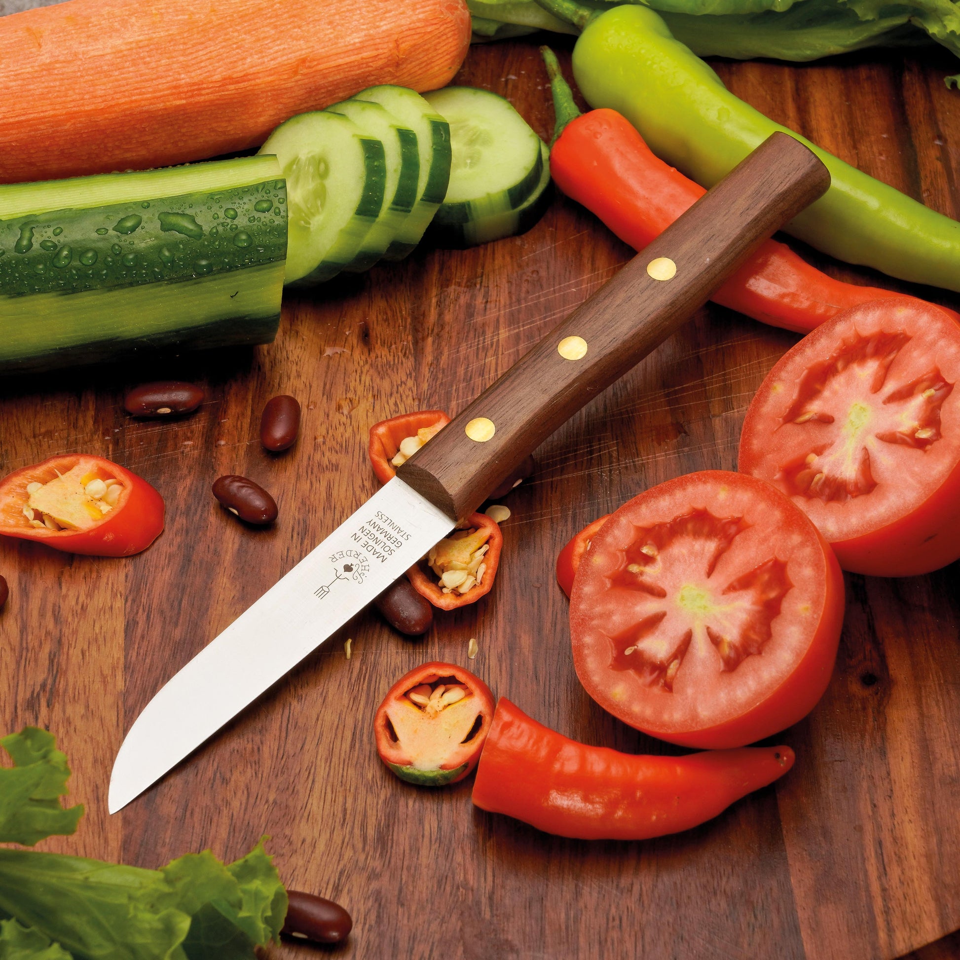 Frühstücksmesser Buckelsmesser aus Solingen mit Walnuss Holzgriff und Gravur Herder – traditionelles Solingen Messer für Brot und Frühstück
