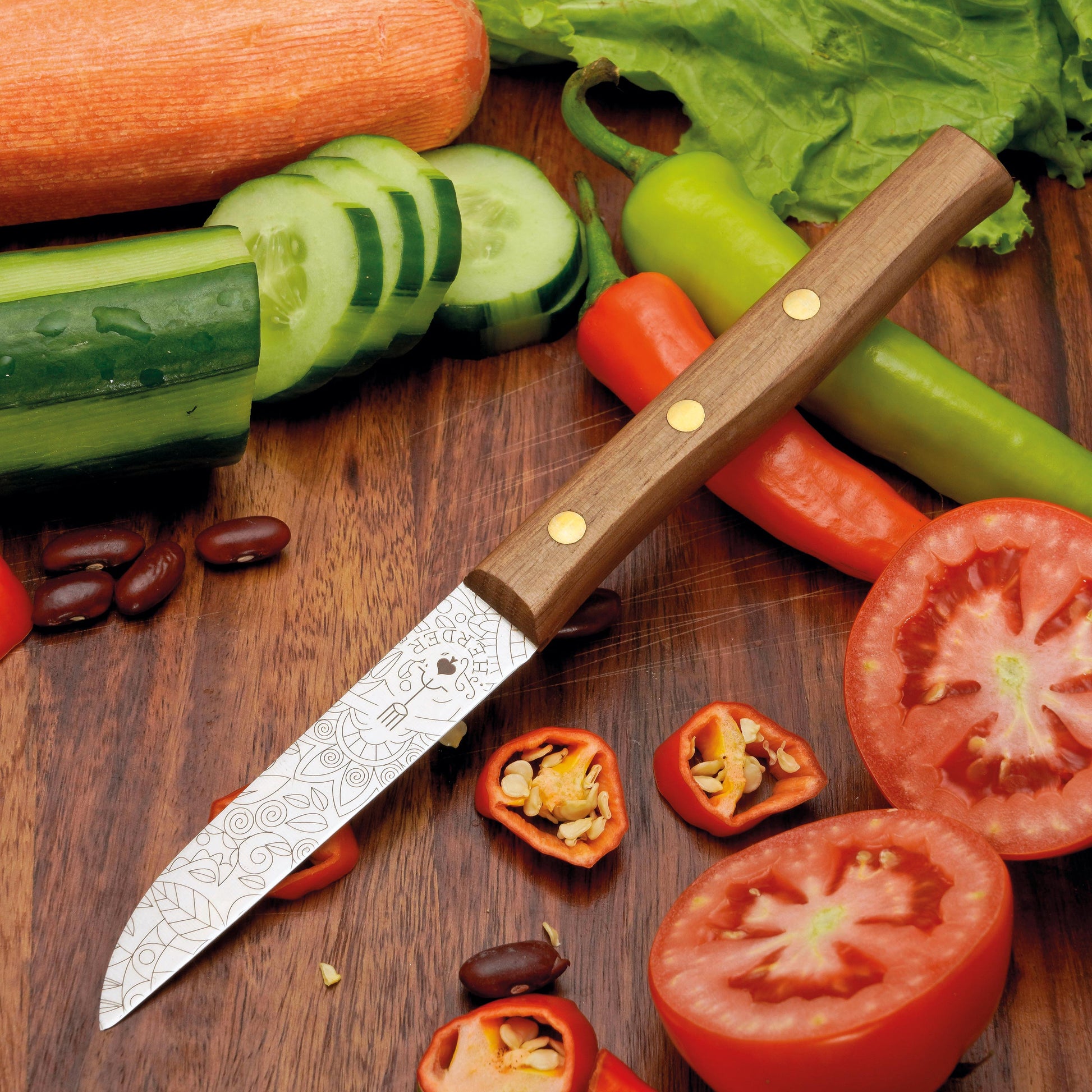 Frühstücksmesser Buckelsmesser aus Solingen mit Walnuss Holzgriff und Gravur Mosaik – traditionelles Solingen Messer für Brot und Frühstück

