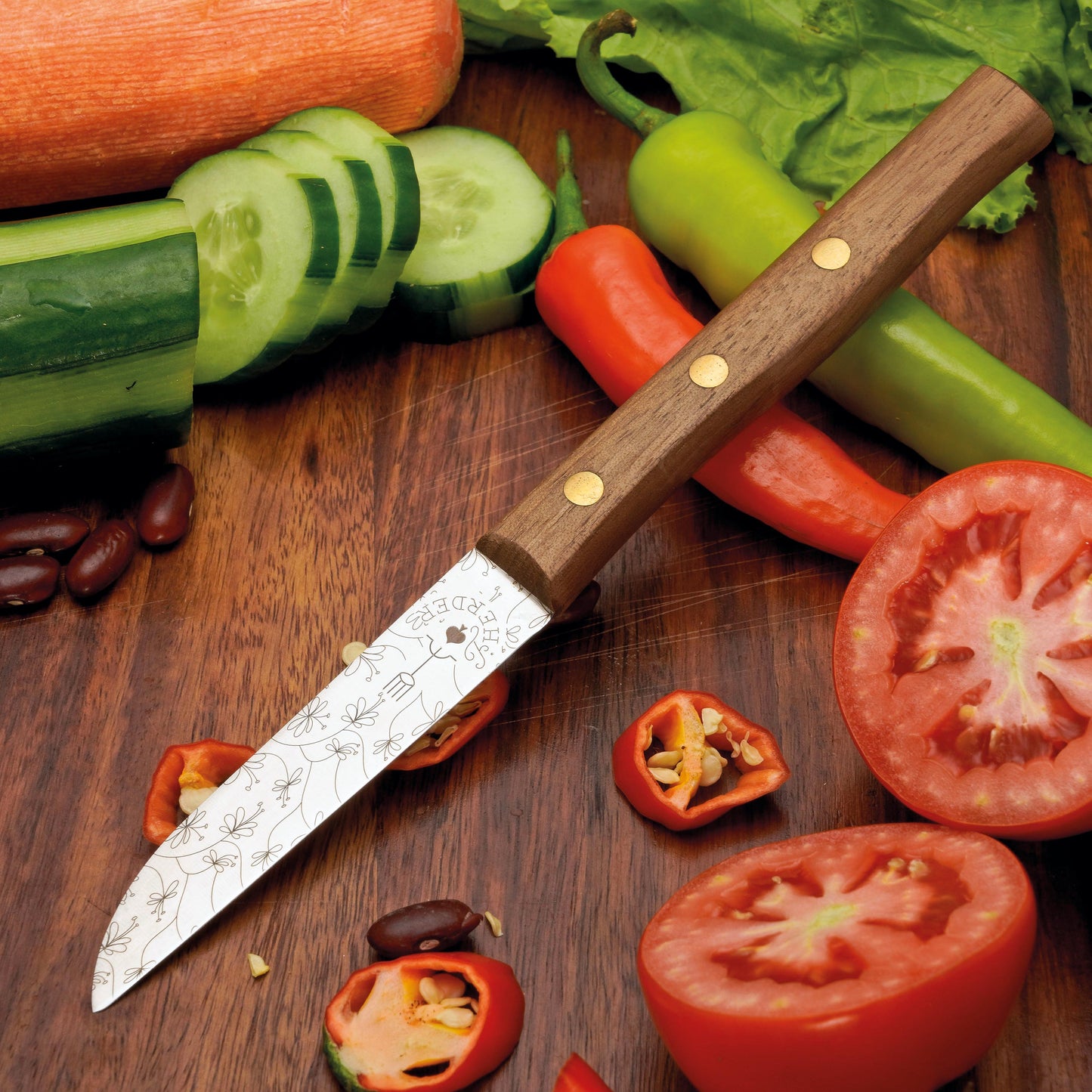 Frühstücksmesser Buckelsmesser aus Solingen mit Walnuss Holzgriff und Gravur Ranken – traditionelles Solingen Messer für Brot und Frühstück

