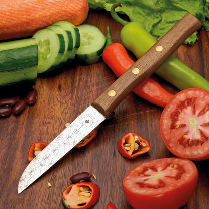 Frühstücksmesser Buckelsmesser aus Solingen mit Walnuss Holzgriff und Gravur Ranken – traditionelles Solingen Messer für Brot und Frühstück
