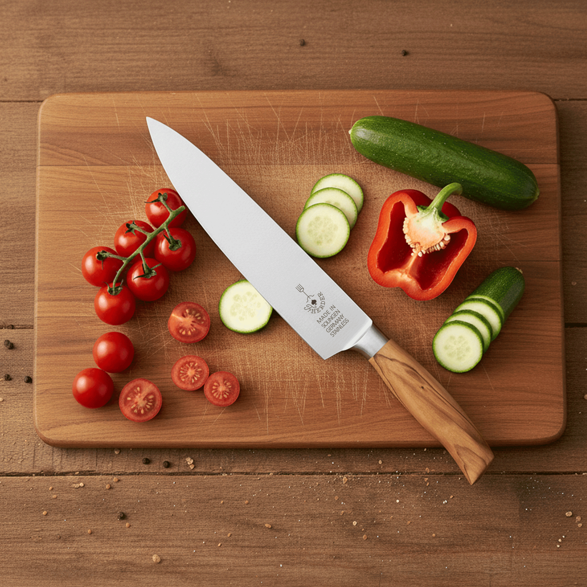 Hochwertiges Solinger Kochmesser mit Edelstahlklinge und Olivenholzgriff, ideal zum Schneiden von Gemüse wie Tomaten, Gurken und Paprika.  
