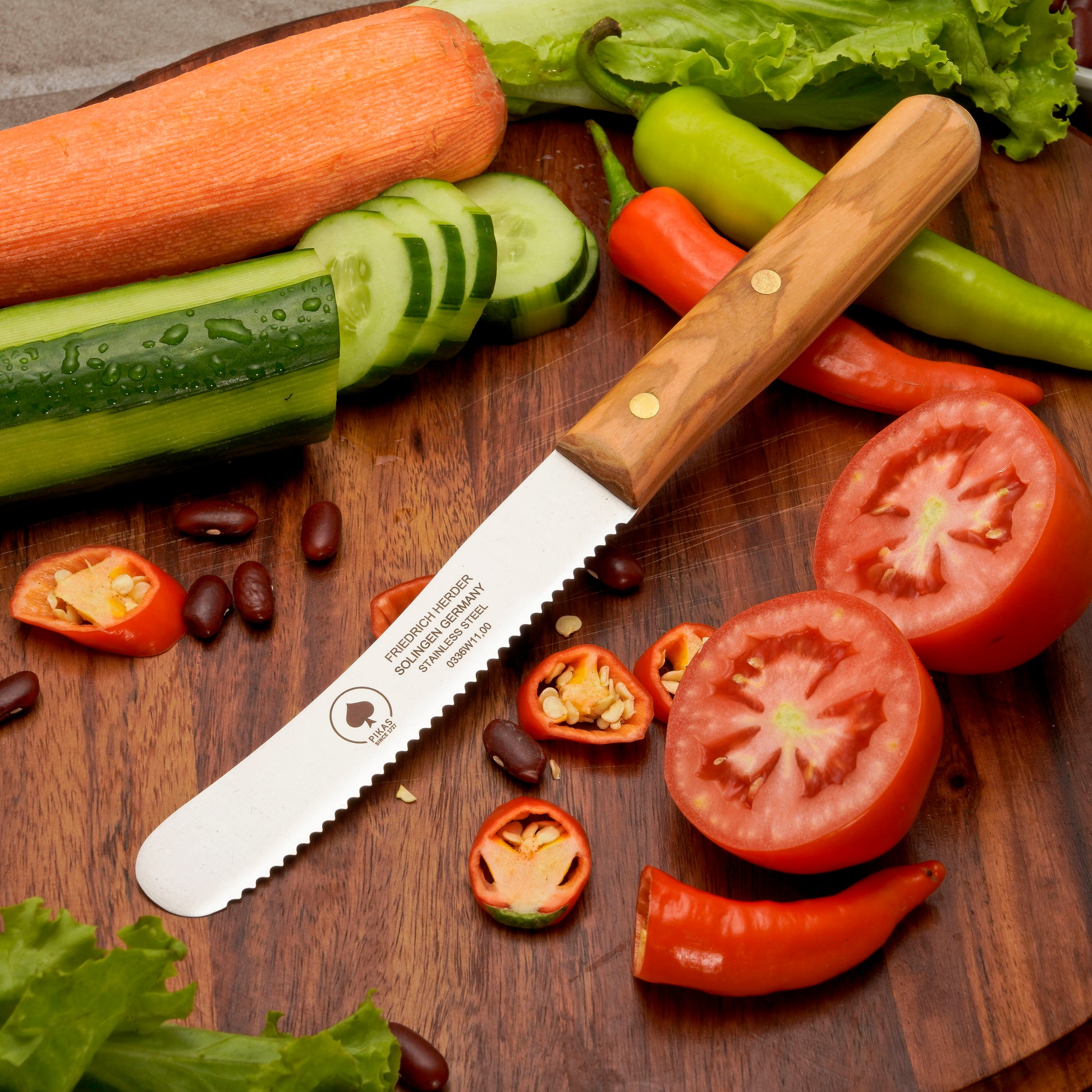 Buckelsmesser Brotmesser Solingen – Olive Holzgriff mit Wellenschliff