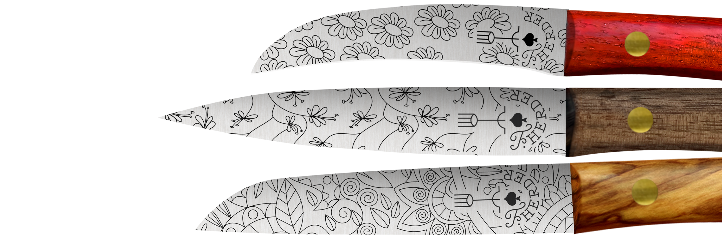 Gemüsemesser und Schälmesser aus Solingen mit dekorativer Lasergravur, verschiedene Klingenformen und Holzgriffen – traditionelles Solinger Messerdesign.
