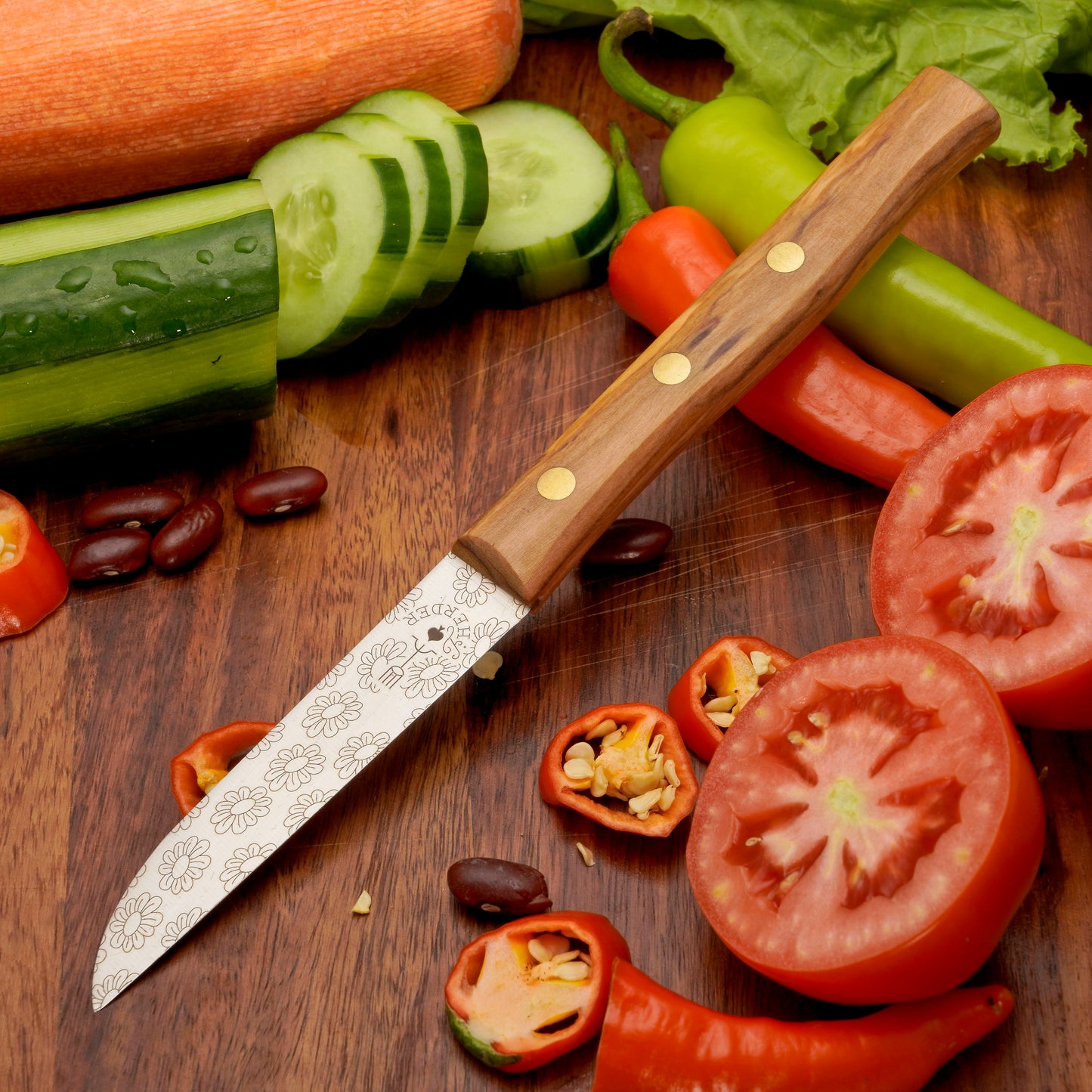 Gemuesemesser Solingen Zöppken Style Rostfrei olive blumen Holzgriff Dünnschliff
