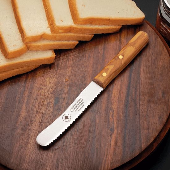 Buckelsmesser Brotmesser Solingen – Olivenholzgriff mit Wellenschliff, handgefertigtes Frühstücksmesser