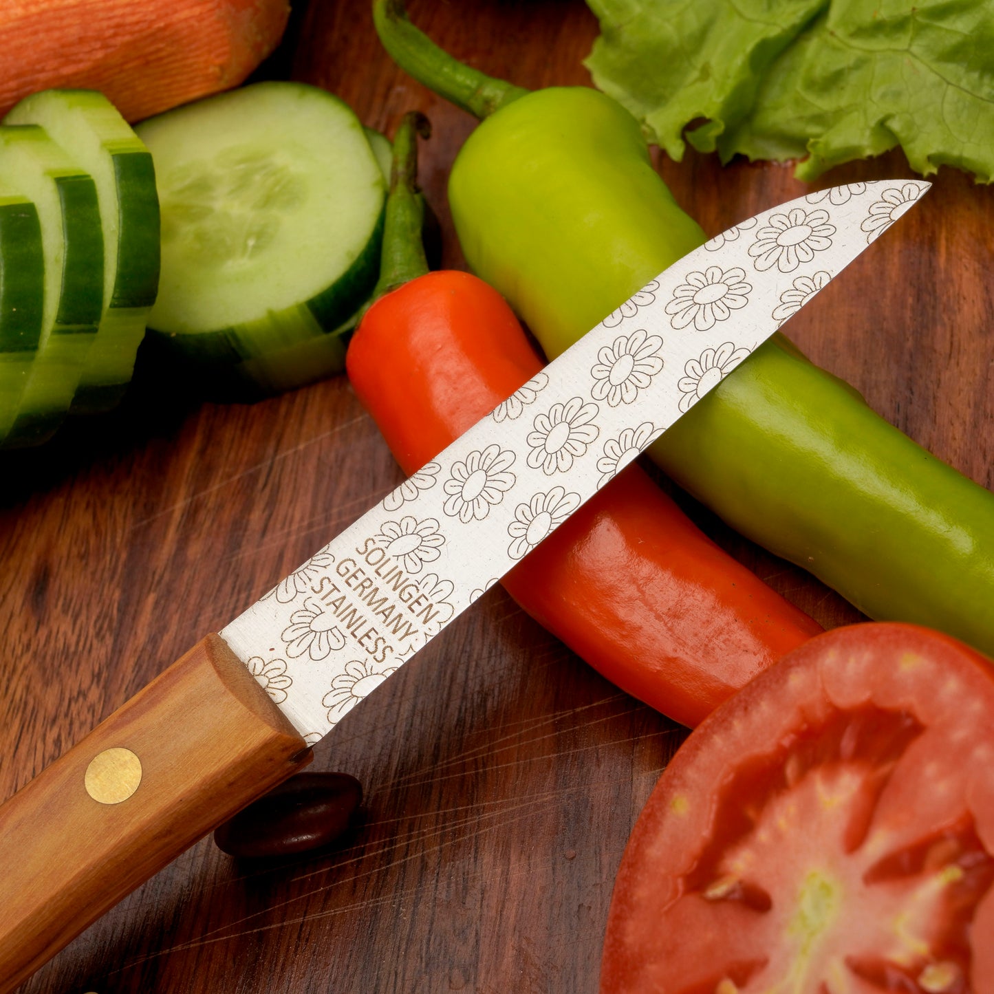 Gemuesemesser Solingen Zöppken Style Rostfrei olive blumen Holzgriff Dünnschliff
