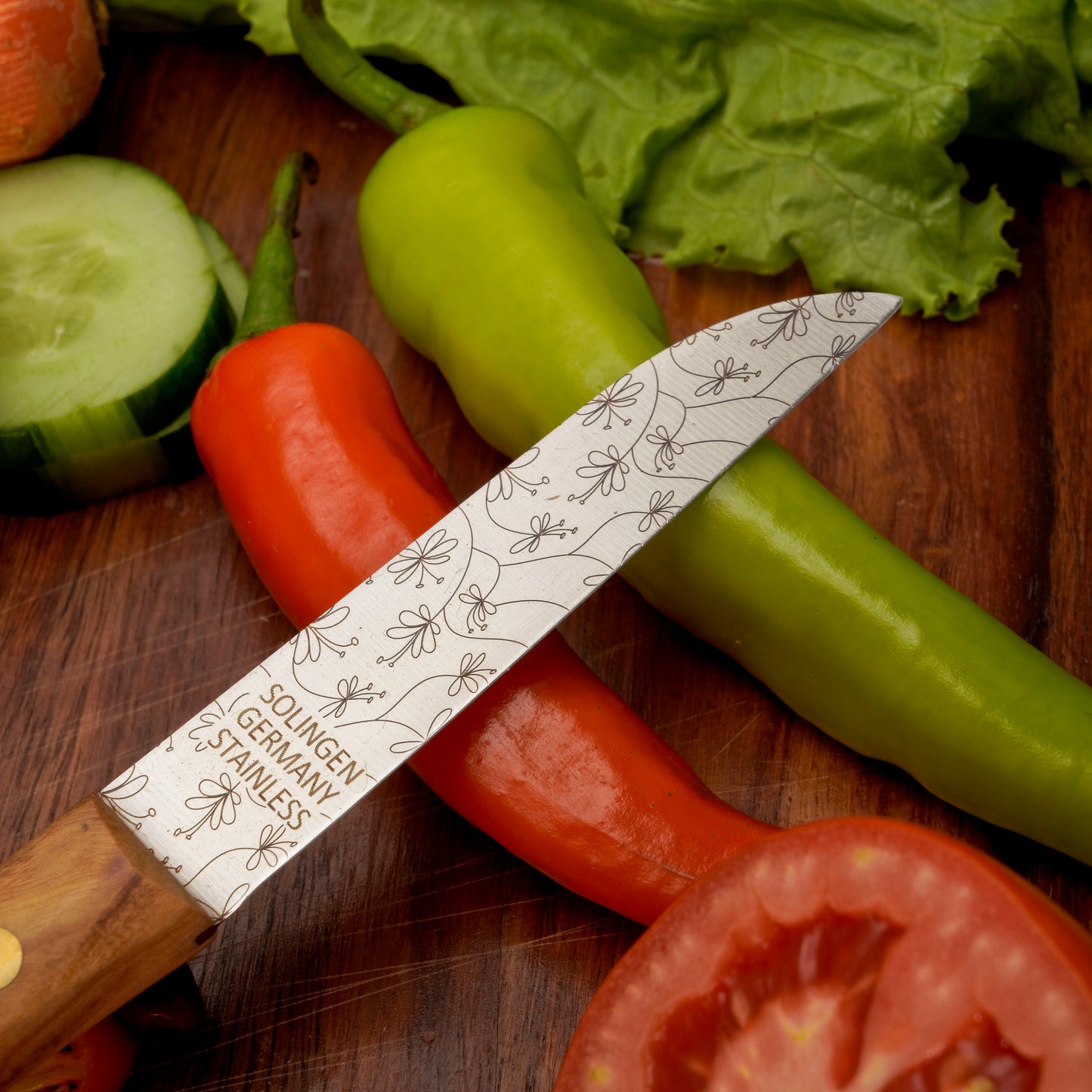 Gemuesemesser Solingen Zöppken Style Rostfrei olive ranken Holzgriff Dünnschliff
