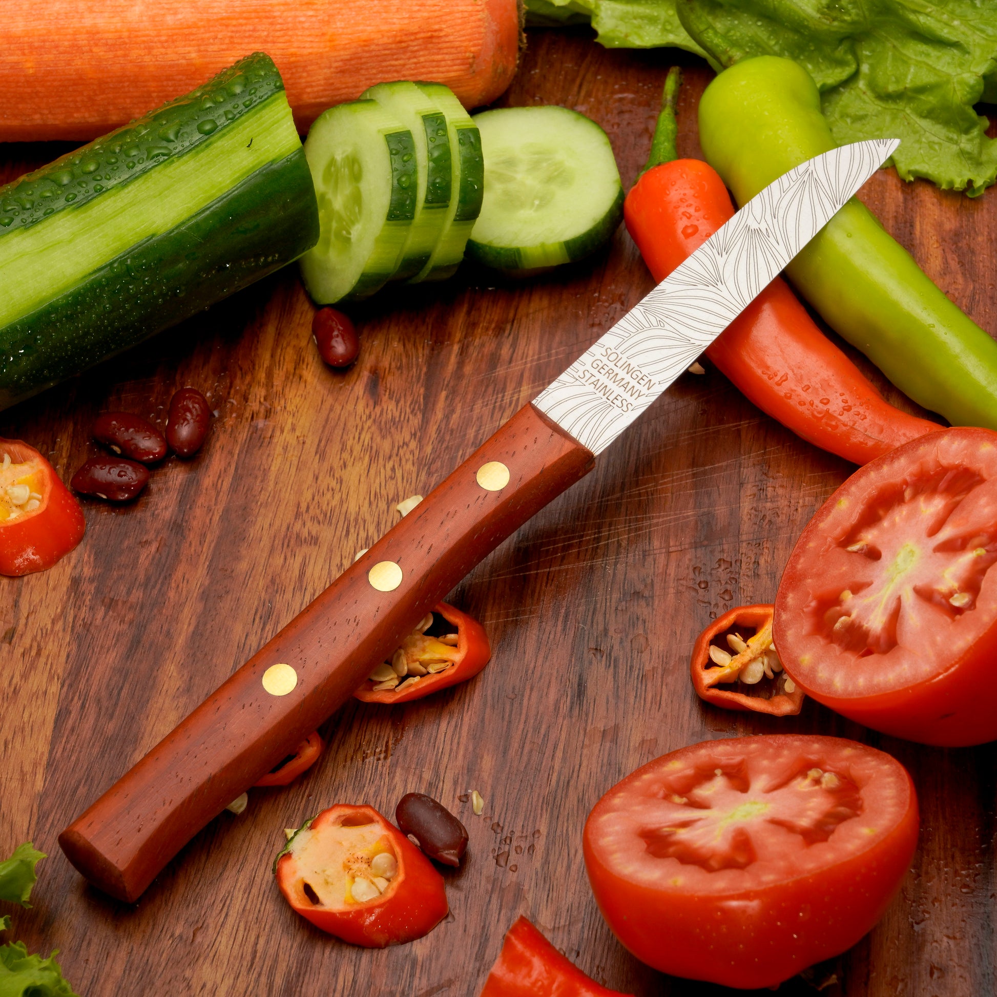 Gemuesemesser Solingen Zöppken Style Rostfrei padouk blatt Holzgriff Dünnschliff
