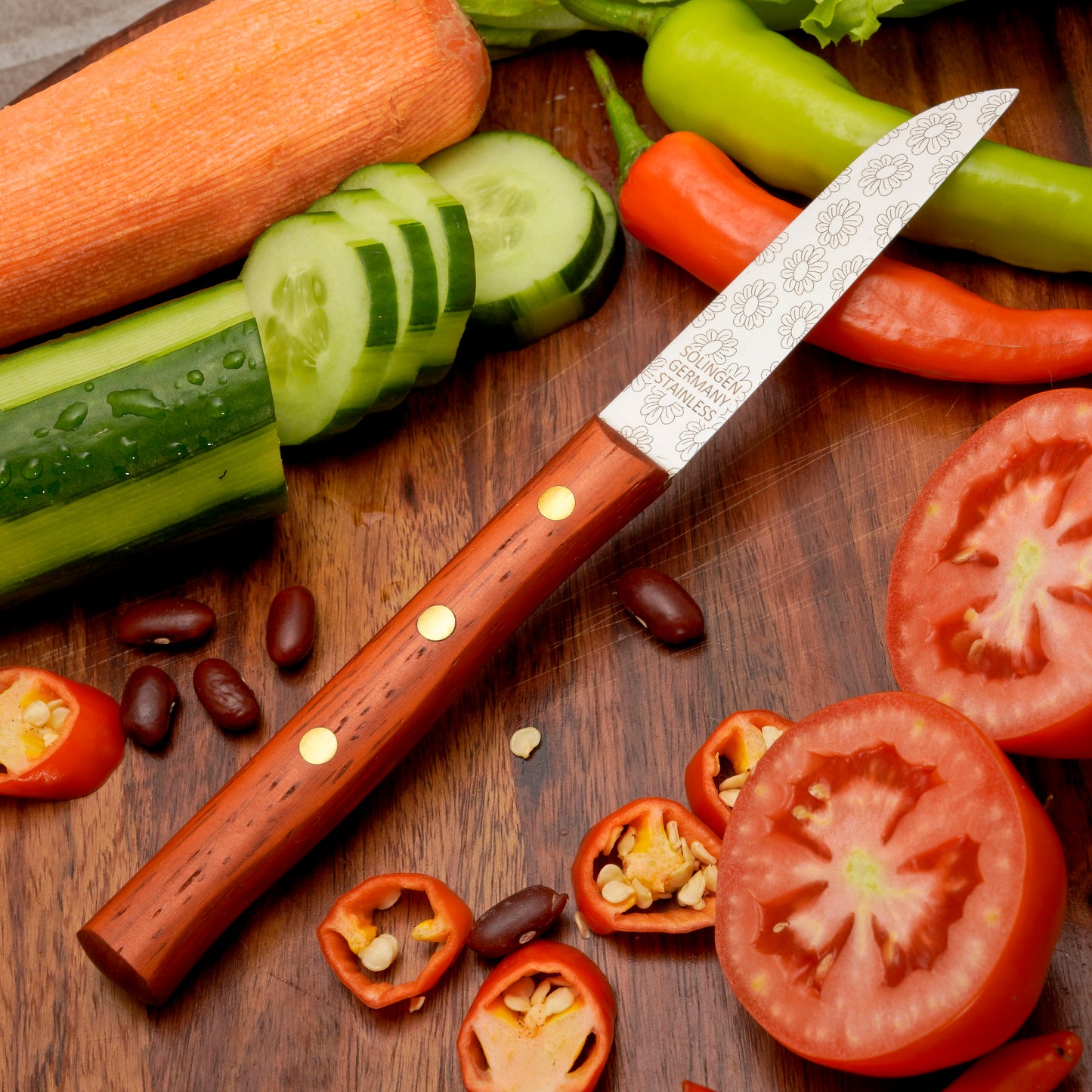 Gemuesemesser Solingen Zöppken Style Rostfrei padouk blumen Holzgriff Dünnschliff
